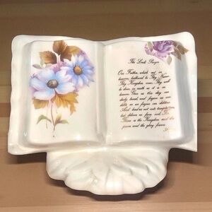 Vintage Ceramic Lord’s Prayer Open Book Figurine Floral Religious Decor